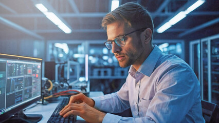 Young software engineer in network server room solving problems and give help and support