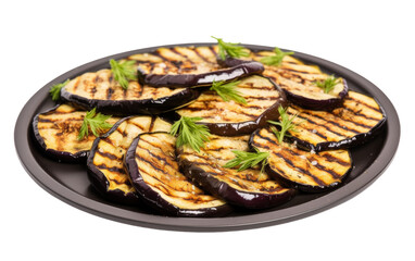 Wall Mural - Grilled eggplant sitting on a black plate against a white background