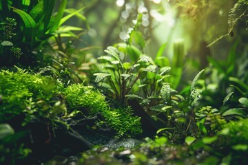 Poster - A lush green forest with a lot of plants and moss. The forest is full of life and is a beautiful sight to behold