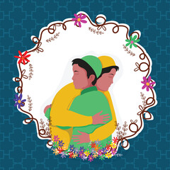 Poster - Young Religious Muslim People wishing each other on occasion of Eid, Colourful flowers decorated frame on blue background for Islamic Festival celebration.