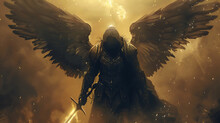 Dark Warrior Angel With Medieval Sword. Fantasy Background. Digital Ai Art. Generative Ai