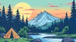 summer camping mountain scene streaming background, thick line art