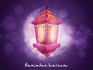 Wall Mural - Hanging illuminated arabic lamp with crescent moon on shiny purple background for holy month of muslim community, Ramadan Kareem celebration.