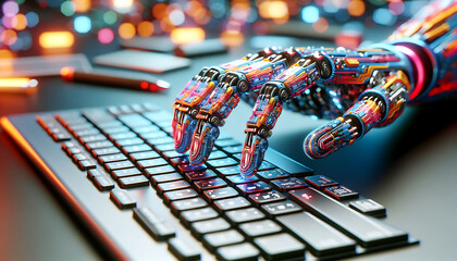robotic arm typing on a backlit keyboard in a high-tech environment. a robotic arm interacts with a 