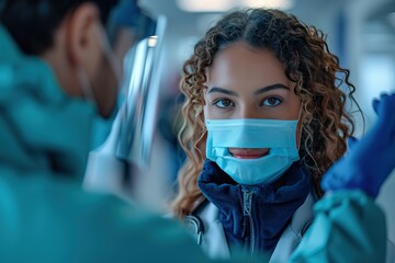 A healthcare worker conducting contactless temperature screening at an entrance