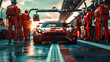 Professional pit crew ready for action as their team's race car arrives in the pit lane during a pitsstop of a car race. Generative Ai