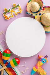 Wall Mural - Cinco de Mayo celebration concept with a vertical top view of characteristic elements: festive hats, maracas, a vibrant serape, and other decorations, set on pastel violet background with blank circle