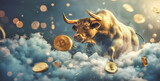 Fototapeta  - Bitcoin bull market concept with golden bull in clouds and bitcoin coins illustration