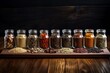 Transparent jars of spices on a wooden table are displayed in a row, on a dark background.