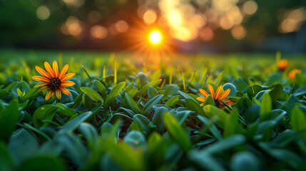 Wall Mural - Flowers in grass at sunset, yellow, daisy, beauty in nature, freshness