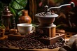 An ancient coffee mill stands on the table, scattered coffee beans, a cup next to it, wooden dishes, greens