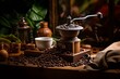 An ancient coffee mill stands on the table, scattered coffee beans, a cup next to it, wooden dishes, greens