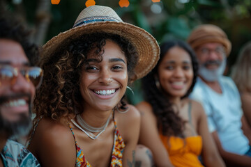 Wall Mural - A joyful group of young friends, diverse and happy, enjoy summer in the park.