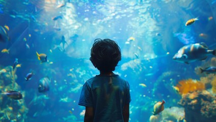 Wall Mural - A silhouette of a young boy gazes at the mesmerizing underwater life in the aquarium.