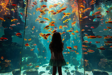 Wall Mural - A young girl stands captivated by enormous golden fish in an aquarium's underwater world.