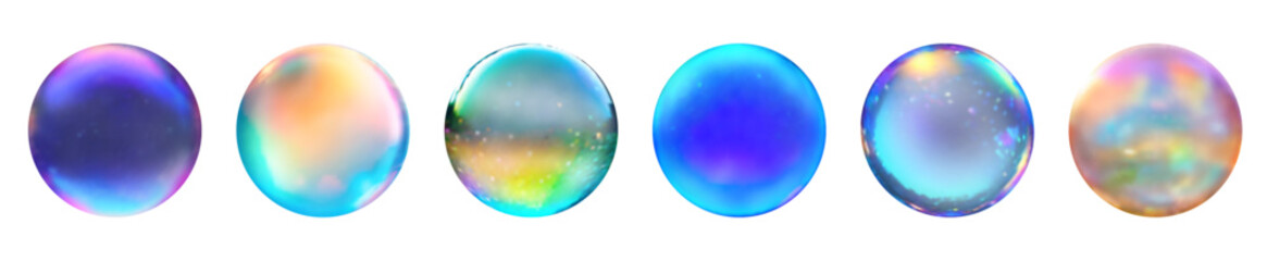 Wall Mural - Set of 6 brightly colored isolated vector transparent 3d soap bubbles on transparent background background.