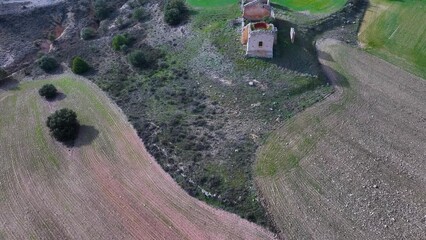 Wall Mural - Aerial view from a drone of the ruins of the Virgen del Val hermitage in Piquera de San Esteban in the Tierras del Burgo region. Province of Soria. Castile and Leon. Spain. Europe