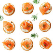 A pattern of crackers with salmon and cream cheese on a transparent background