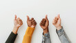 Diverse Group of People Giving Thumbs Up. Four diverse hands, representing different skin tones, giving a thumbs-up gesture against a white background, symbolizing approval and unity.