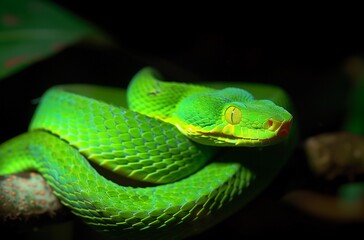 Closeup of the Green Snake Coiled on Its Branch, with Dark Background and Backlighting