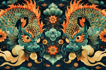 Sticker - Symmetrical Asian Inspired Illustration of Two Ornate Koi Fish with Lotus Flowers and Decorative Patterns