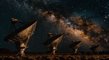 Giant radio telescopes observe the vastness of space, gazing at our galaxy, the Milky Way, amidst the twinkling night sky.