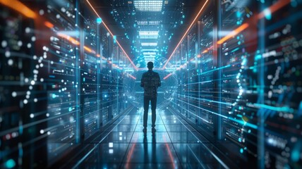 Silhouetted person in a data center corridor - A shadowy figure stands between rows of illuminated data servers, with a perspective leading to a bright light