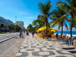 Ipanema beach with mosaic of sidewalk and kiosk in Rio de Janeiro, Brazil. Ipanema beach is the most famous beach of Rio de Janeiro, Brazil. Cityscape of Rio de Janeiro.