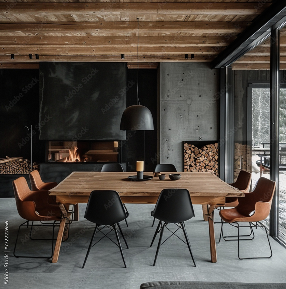 black and wood cabin interior with designer dinner table chairs of ...