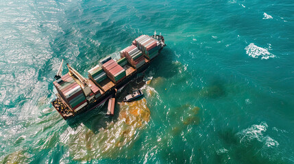 Bird's eye view, cargo ship accident with containers adrift at sea