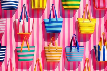 Wall Mural - seamless pattern with colorful striped beach totes on striped pink background. Summer holidays vibes