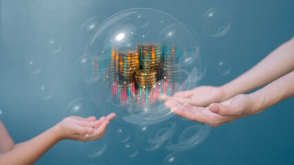 Wall Mural - investment saving concept, fund transfer from parent to their kids. growth investment high return strategy saving and invest for child. virtual trading graph and blurred coins in bubble on hand