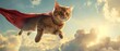 A whimsical image of a flying ginger cat wearing a red superhero cape against a cloudy sky.