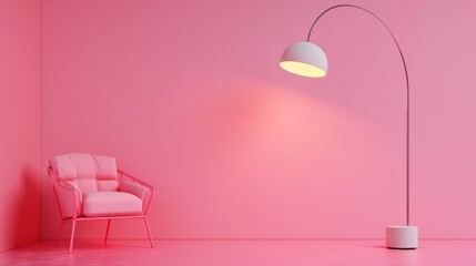 Canvas Print - A pink room with a lamp and chair in front of it, AI