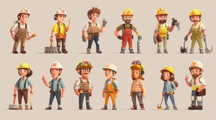 Set of cartoon people in different work uniforms. Includes builders, architects, repairmen, engineers, and project managers. All characters are wearing helmets or uniforms.