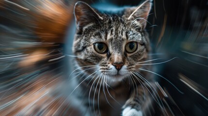 Canvas Print - A close up of a cat walking on the floor with blurry background, AI