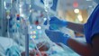 A close-up of a nurse adjusting an IV drip for a patient in a hospital bed with the rest of the hospital room blurred in the background