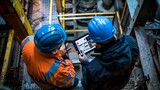 Fototapeta Zachód słońca - Two construction workers, wearing helmets and using a digital tablet, are reviewing plans while working at an industrial site. This image represents the importance of teamwork in construction.
