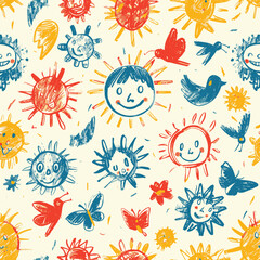 Wall Mural - Hand Drawn Sketch Crayon Colorful Kids Doodle Seamless Patterns