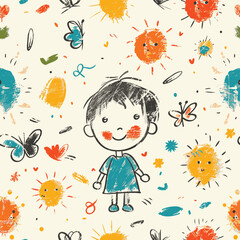 Wall Mural - Hand Drawn Sketch Crayon Colorful Kids Doodle Seamless Patterns