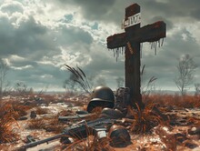 A Cross With A Sign That Says "hate" On It Is In A Field. The Scene Is Desolate And Abandoned, With A Gun Laying On The Ground Nearby. Scene Is Somber And Bleak