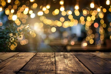 Image of wooden table in front of abstract blurred restaurant lights background - generative ai