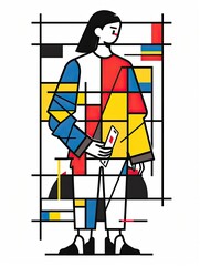 Wall Mural - A person, Abstract color-blocking seamless pattern. Black line and red yellow blue blocks. Vector ibold lines, white background, puppet, illustration made with generative AI
