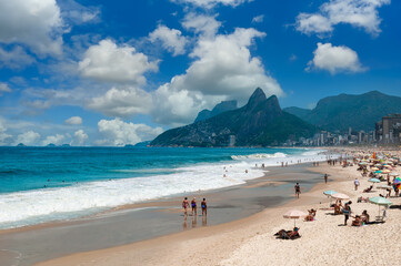 Canvas Print - Ipanema beach, Leblon beach and Mountain Dois Irmao in Rio de Janeiro, Brazil. Ipanema beach is the most famous beach of Rio de Janeiro, Brazil. Seascape of Rio de Janeiro.