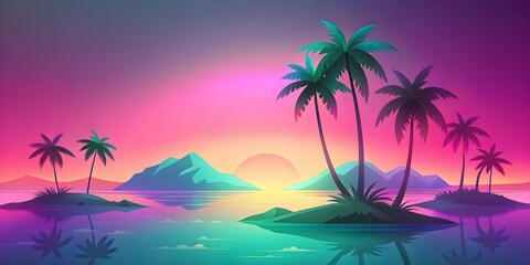 Wall Mural - tropical beach, palm trees and rainbow