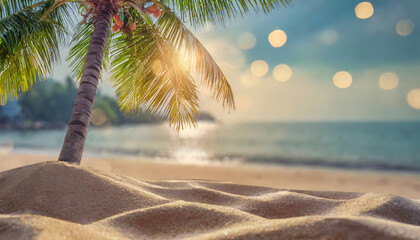 Wall Mural - Sand with blurred Palm and tropical beach bokeh background, Summer vacation on digital art concept.