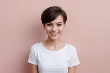 Wall Mural - Happy young transgender woman wearing a white shirt standing against a pink background with copy space.