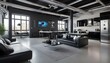 A futuristic loft apartment with an open-plan layout and exposed ductwork, furnished with sleek black leather sofas and chrome accents. The kitchen boasts cutting-edge appliances and a minimalist dini