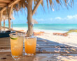Refreshing cocktails on a beach bar counter with blurred tropical paradise in the background, vacation concept.