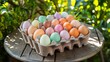 A cardboard egg carton filled with eggs of varying colors such as green, blue, orange, and pink.